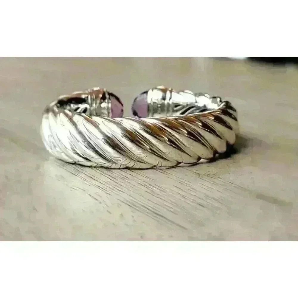 David Yurman 925 Sterling Silver Waverly 18mm Amethyst Hinged Cuff Bracelet - Picture 5 of 7